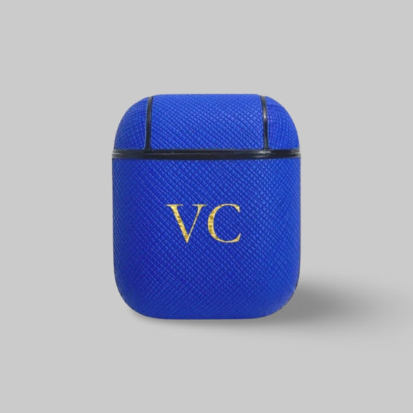Personalised AirPods 1/2 Case in Azure Blue Saffiano Vegan Leather