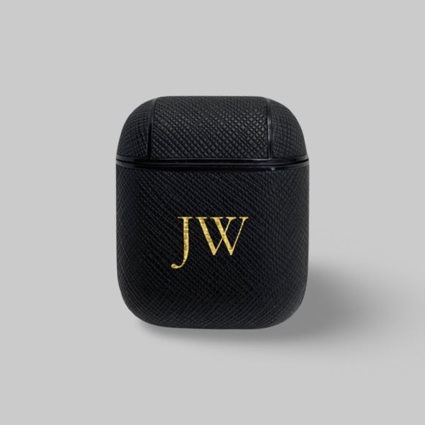 Personalised AirPods 1/2 Case in Black Saffiano Vegan Leather