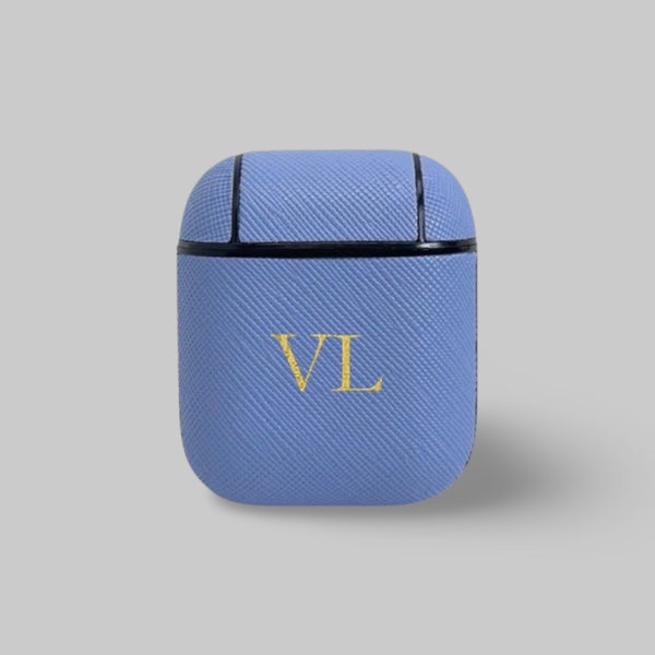 Personalised AirPods 1/2 Case in Hydrangea Blue Saffiano Vegan Leather