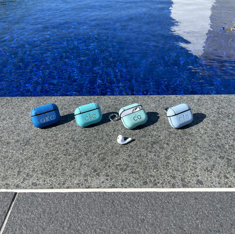 airpods cases in blue colour leather vegan leather personalised