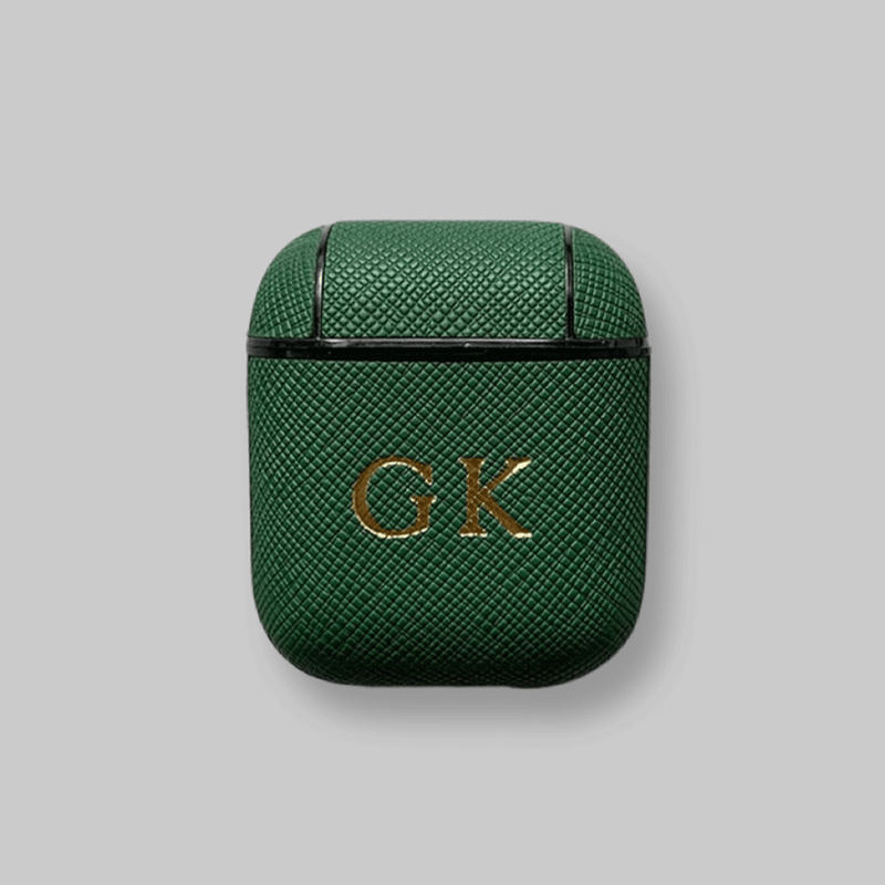 Personalised AirPods 1/2 Case in Forest Green Saffiano Vegan Leather