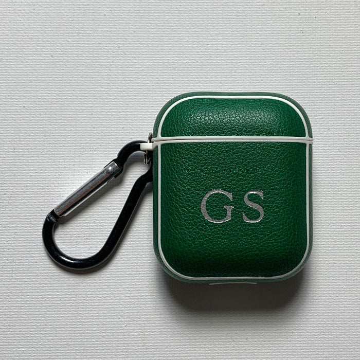 Personalised Sporty Forest Green AirPods 1/2 Case in Pebbled Leather