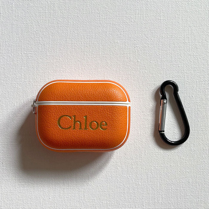 Personalised Sporty Orange AirPods Pro Case in Pebbled Leather 
