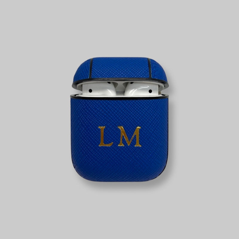 Personalised AirPods 1/2 Case in Azure Blue Saffiano Vegan Leather