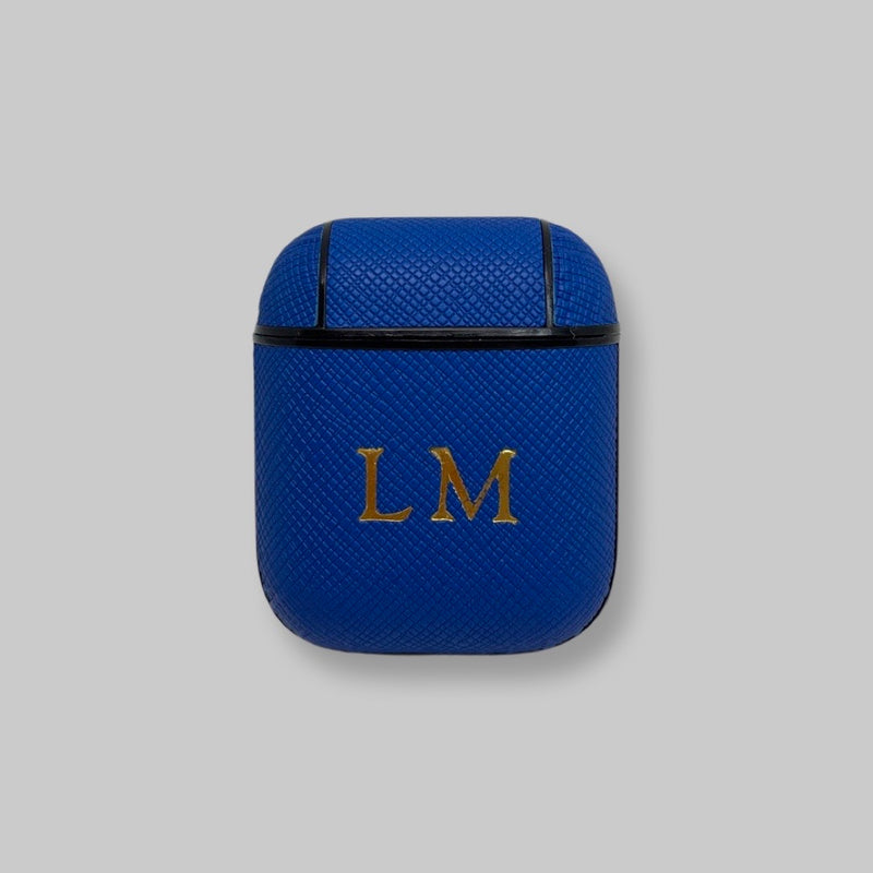 Personalised AirPods 1/2 Case in Azure Blue Saffiano Vegan Leather