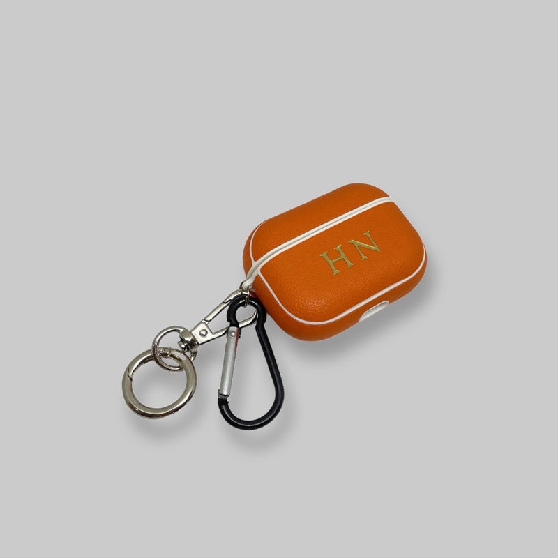 Personalised Sporty Orange AirPods Pro Case in Pebbled Leather