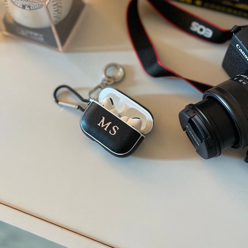 Personalised Sporty AirPods Pro Case in Black Pebbled Leather